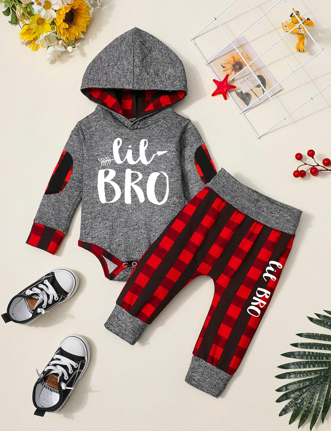 Newborn Baby Boy Clothes Plaid Letter Print Long Sleeve Hoodies + Long Pants 2PCS Fall Winter Outfits Set